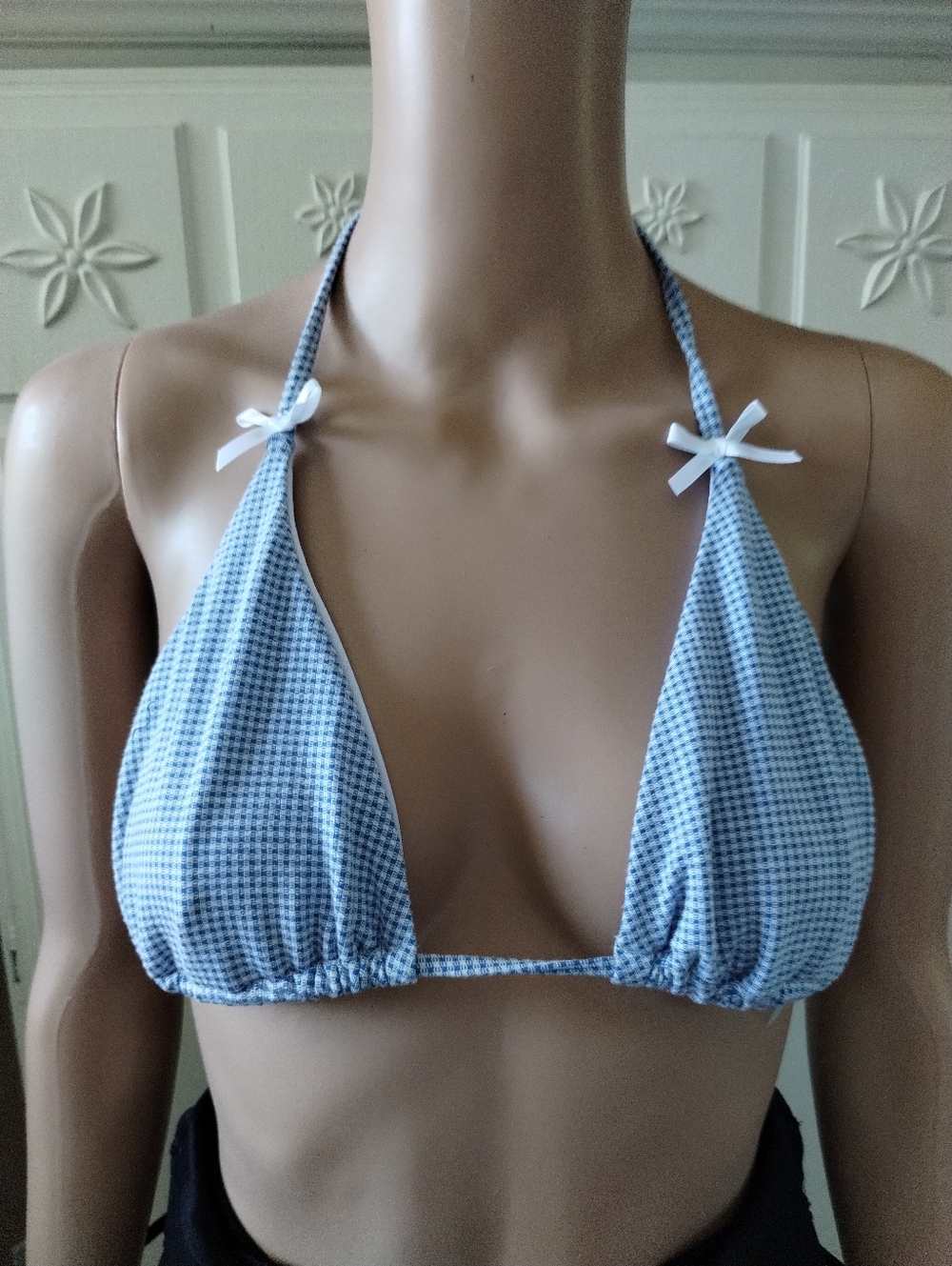 Light Blue Gingham Triangle Bikini Top And Bottom Medium